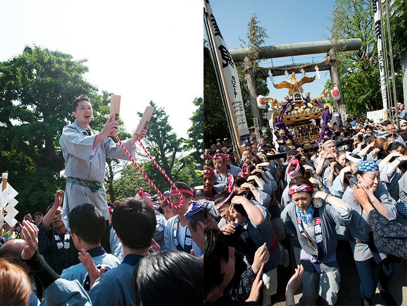 青年会长恩田带头击掌鼓劲。浅草神社的祓除仪式之后，终于出发了