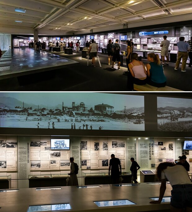 La ruta del museo conduce a los visitantes desde la exposición introductoria, a través de la exploración del impacto de la explosión y hasta la amenaza de las armas nucleares (arriba) y la historia de Hiroshima. (© nippon.com)