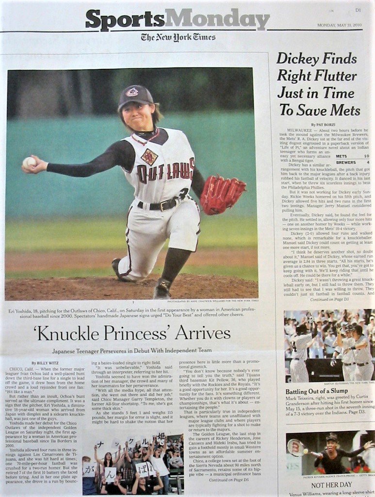 ナックルボールを武器に、高校生で関西独立リーグ入りした吉田えり。2010年には米独立リーグのチコ・アウトローズに入団。ニューヨーク・タイムズ紙は5月31日付スポーツ面トップで報じた　共同