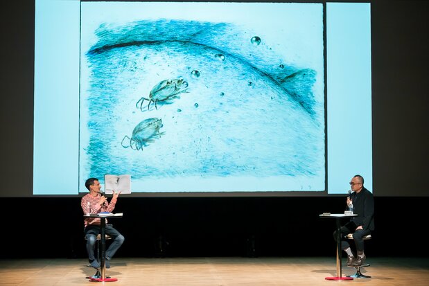 Arthur Binard (left) and Yamamura Kōji at a reading event held as part of the leadup to the Hiroshima Animation Season 2022 (August 17–21). (Courtesy Hiroshima Festival 2022)