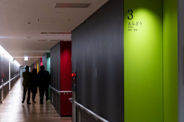 カラフルな見学通路。角を曲がると、青果市場の歴史が学べるパネル展示のコーナーがある