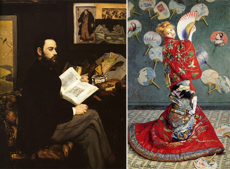 Izquierda: Retrato de Émile Zola, de Édouard Manet (1868, Museo de Orsay). Derecha: La japonaise, de Claude Monet (1876, Museo de Bellas Artes de Boston).