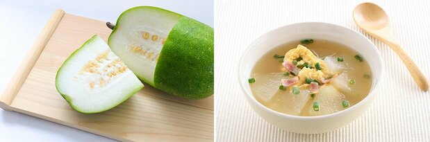 Tōgan (left) and tōgan soup. (© Pixta)