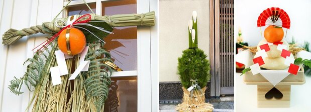 New Year decorations: (from left) shimekazari rope, kadomatsu pines, and kagami mochi rice cakes. (© Photolibrary)