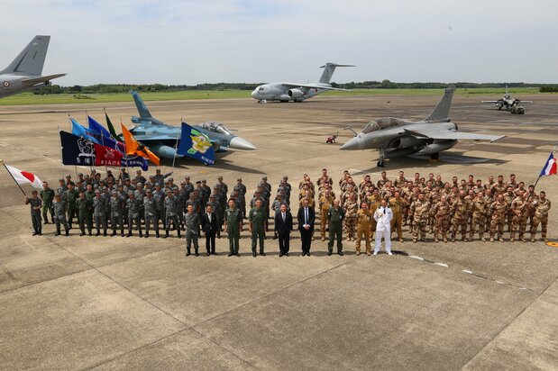 French and Japanese air force personnel pose at Hyakuri Air Base in Ibaraki Prefecture in July 2024. (Courtesy Kyakuri Air Base’s official X account)