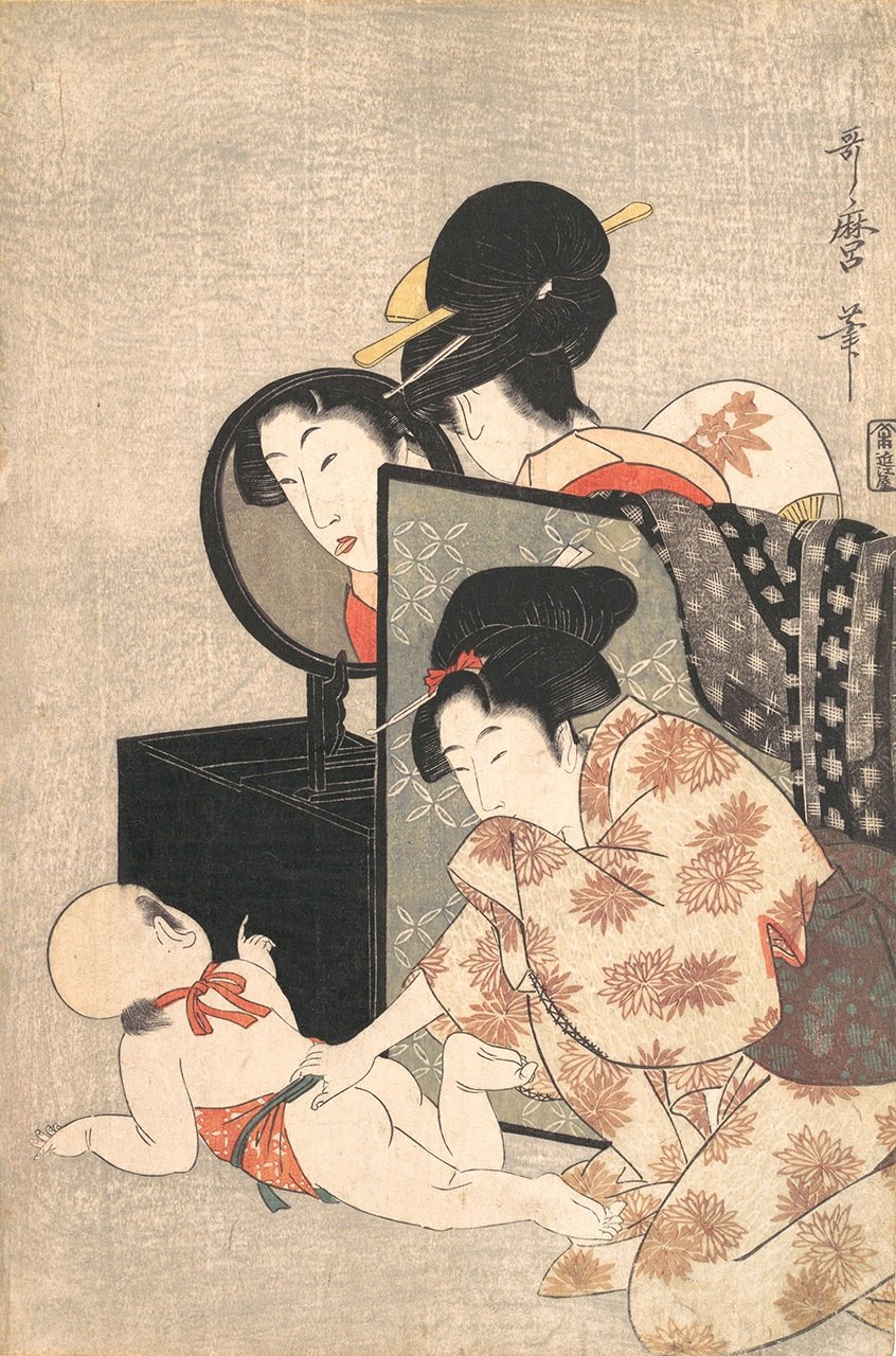 《偷看》，大幅锦绘，作于1799-1800年间。出版商：近江屋权九郎（藏于大都会艺术博物馆）