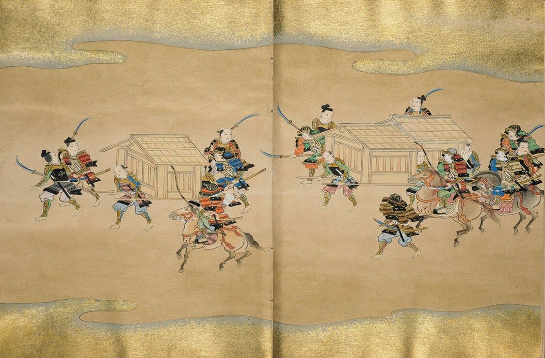 平宗盛・清宗の父子を移送して鎌倉に向かった義経だったが、腰越で鎌倉が派遣した軍に行く手を遮られた。この後、義経は頼朝に書状を出す。『奈良絵本 平家物語』巻十一/明星大学図書館所蔵