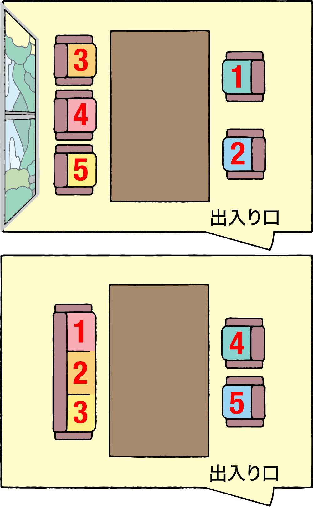 上：出入り口に近くても眺めの良い席をゲスト用にすることも　下：ゲストは1人であっても長椅子に