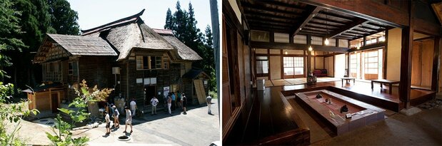 「うぶすなの家」（十日町市）。1924年築のかやぶき民家を再生。1階は、日本を代表する陶芸家たちが手掛けたいろり、かまど、洗面台、風呂、そして地元の食材を使った料理を陶芸家の器で提供するレストラン。2階には茶室と陶芸の展示室がある（Photos by Kazue Kawase (外観)、Ayumi Yanagi（内観））