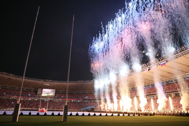 Fireworks are set off at the Rugby World Cup opening ceremony at Tokyo Stadium on September 20, 2019. (© Jiji)
