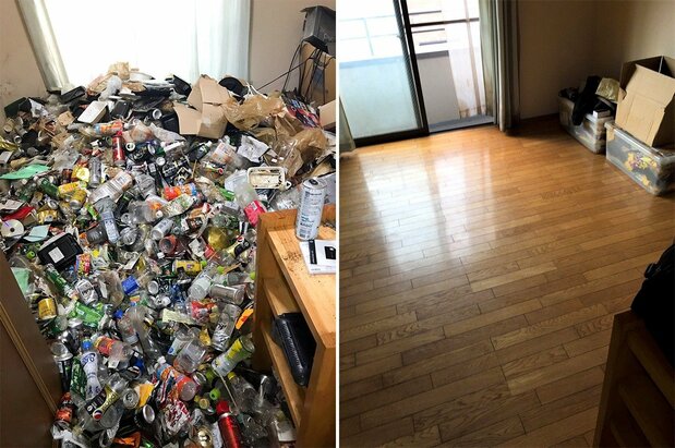 El antes y el después de la limpieza de una vivienda con basura acumulada. (Fotografía: Mago no Te)
