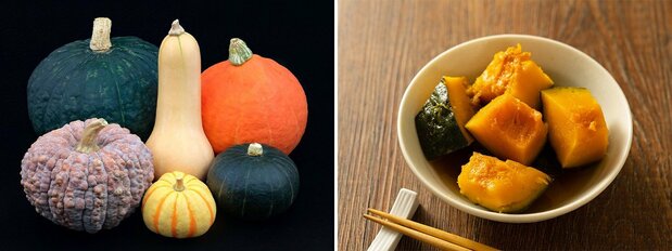 A la izquierda, distintos tipos de calabaza; desde arriba a la izquierda y en el sentido de las agujas del reloj: calabaza japonesa, calabaza de nuez, calabaza colinky, calabaza campana, calabaza puccini y calabaza crisantemo (PIXTA). A la derecha, calabaza guisada (PIXTA).
