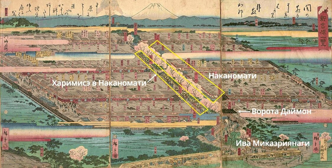 Ива Микаэриянаги, ворота Даймон, за которыми простирается квартал Наканомати, вдоль которого выстроились витрины харимисэ. Микаэриянаги, «Ива, где оборачиваются», получила своё название из-за местоположения на выходе из квартала развлечений, где посетители Ёсивары, уходя, оборачивались, вспоминая о проведённой здесь ночи
