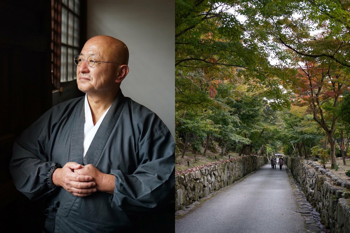 （左）矶崎圆大尚事，（右）以红叶而闻名的兴圣寺参道——琴坂（图片：笔者）