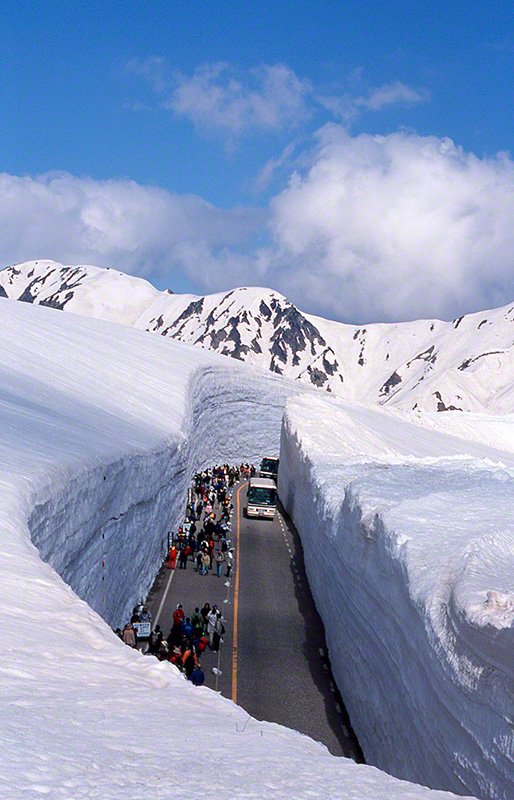 毎年、4月中旬になると立山黒部アルペンルートが開通し、高さ20mの雪壁の間をバスが走りぬける。開通後から6月上旬にかけて1車線500mの区間が歩行者に開放され、雪壁のスケールを実感することができる。最近では、中国、台湾、韓国からも多数の観光客が訪れるようになっている。