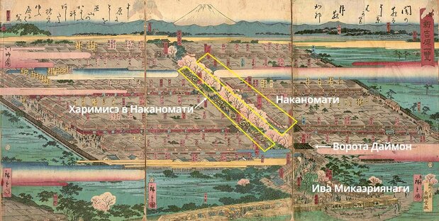 Ива Микаэриянаги, ворота Даймон, за которыми простирается квартал Наканомати, вдоль которого выстроились витрины харимисэ. Микаэриянаги, «Ива, где оборачиваются», получила своё название из-за местоположения на выходе из квартала развлечений, где посетители Ёсивары, уходя, оборачивались, вспоминая о проведённой здесь ночи