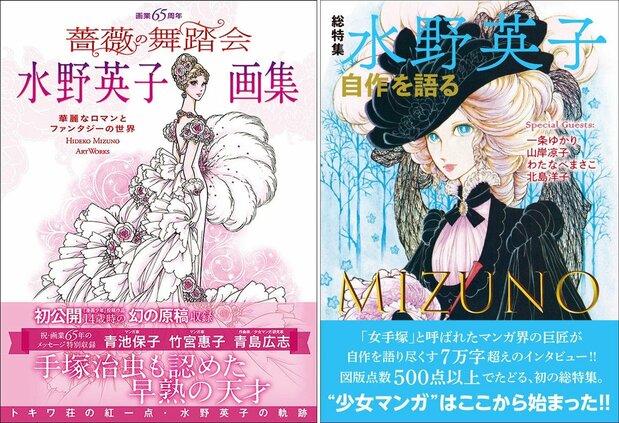 水野英子さんの作品世界を振り返る本が相次いで刊行されている。2020年刊行の画集（左、玄光社）と22年1月発売のムック「総特集　水野英子」(河出書房新社)