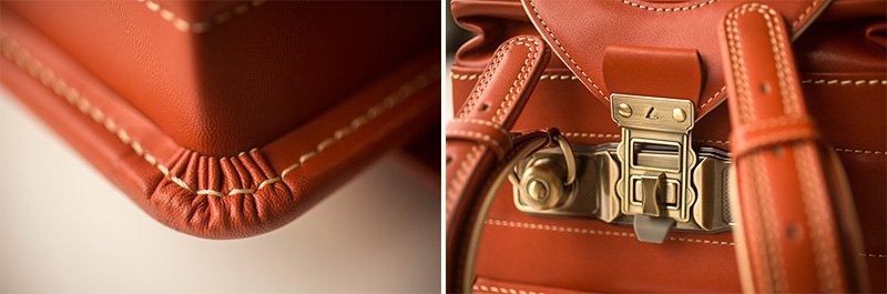 左：擦れやすい角には、指先と目打ちで細かいひだを寄せる「菊寄せ」の技法を用いる。右：ロゴの入ったこだわりの金具。