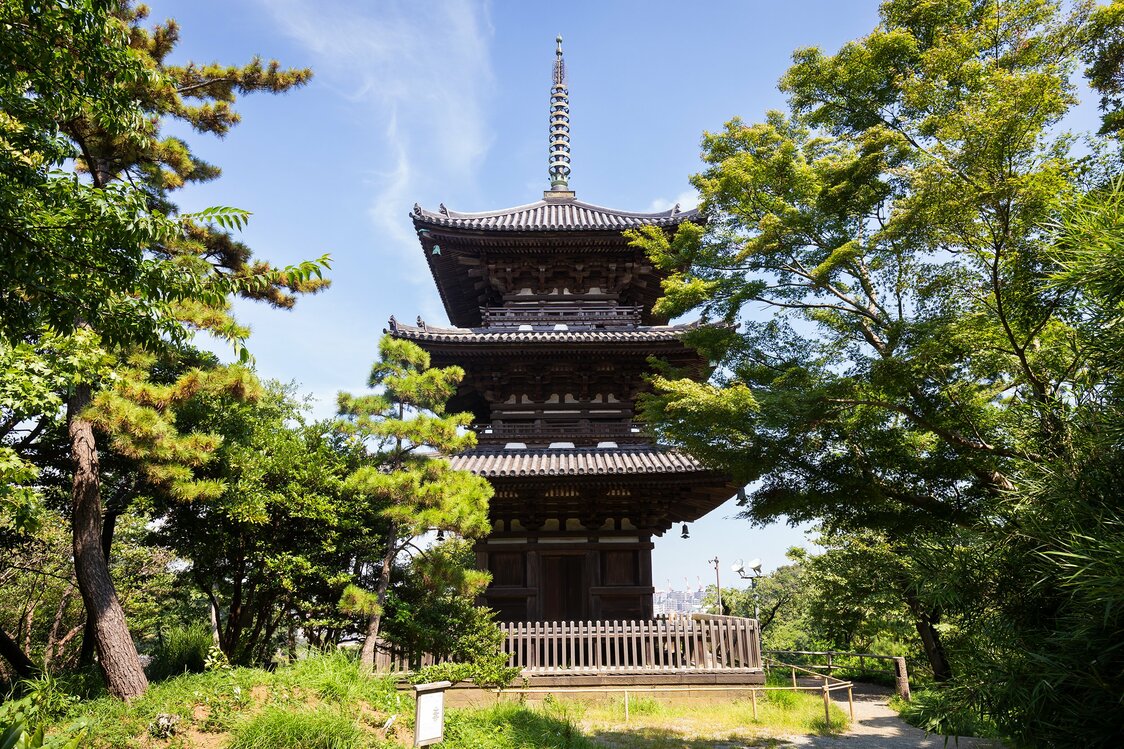 登上小山岗，可以近距离欣赏原建于灯明寺的三重塔