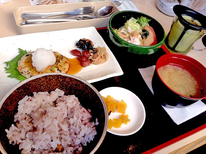 Menú del día (almuerzo o comida): hamburguesa de tofu, arroz con cereales, ensalada de pollo, sopa de miso, encurtidos y té de arroz integral con matcha (té verde en polvo) de la barra libre.