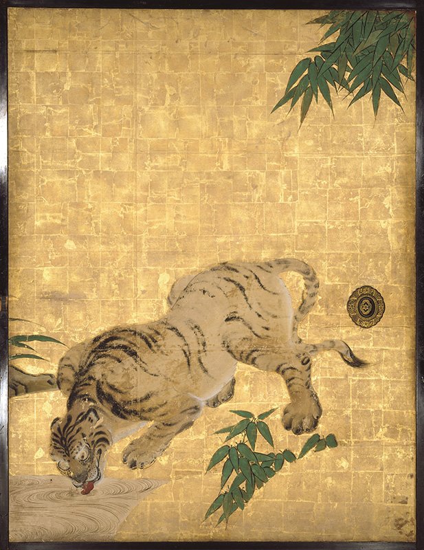 Imagen de un tigre correspondiente a una de las paredes separadoras de los aposentos del monje jefe del templo Nanzen, obra de Kanō Tannyū. Período Edo (siglo XVII). Propiedad Cultural de Importancia perteneciente al templo Nanzen, Kioto.