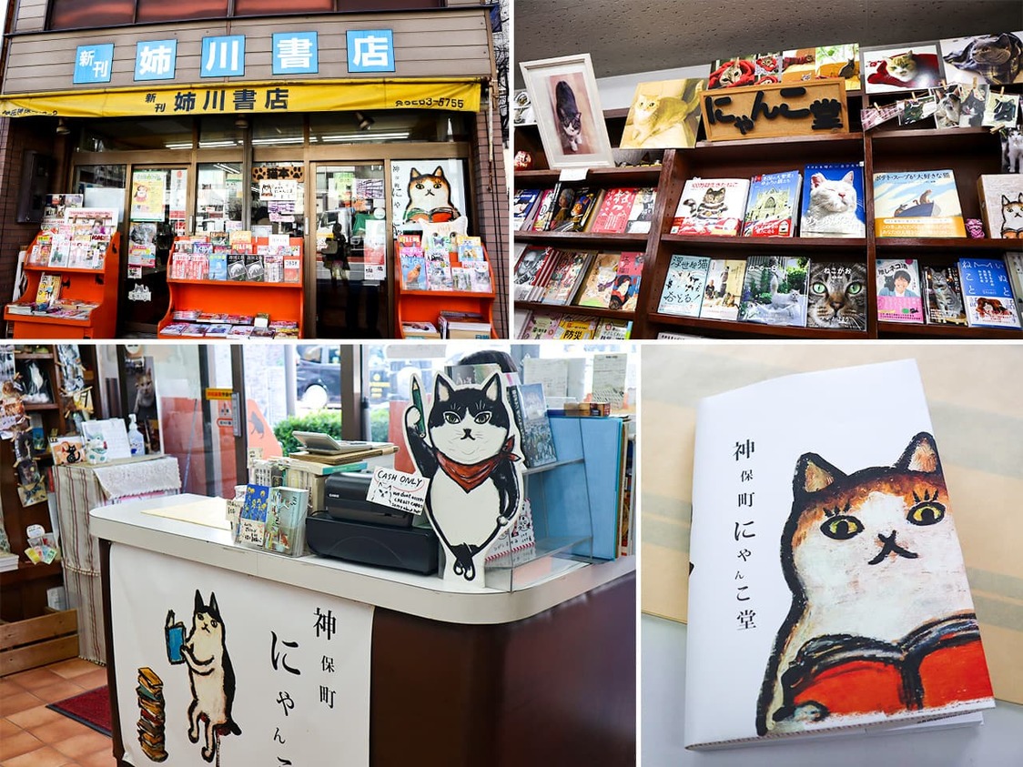 「姉川書店」（神保町にゃんこ堂）。右下は猫絵作家・くまくら珠美さんデザインのブックカバー
