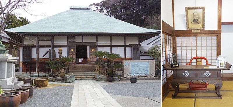 プチャーチンが宿所とした宝泉寺（写真左）。プチャーチンが使用していた机と椅子が今も残されている（写真右）。
