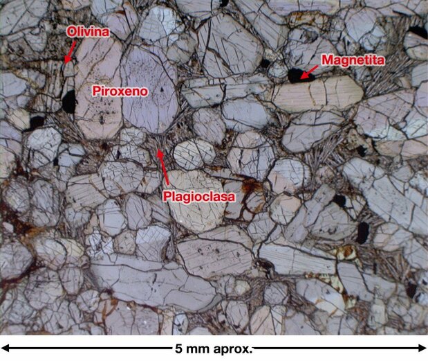 Un fragmento de Yamato 000593 fotografiado con un microscopio óptico. Parte de la olivina del interior se transformó y está combinada con minerales arcillosos, lo que demuestra la existencia pasada de agua en la superficie de Marte.