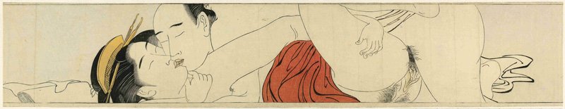 1- Torii Kiyonaga (1752-1815) /Sode no maki (Rouleau de peinture pour la manche) Estampe érotique (shunga). Impression sur bois. Encre de Chine rehaussée de couleurs. (1785)Les amants au tissu rouge. Un homme et une femme s’étreignent et s’embrassent passionnément, les yeux fermés. Ils sont entièrement nus, à l’exception d’un linge rouge, qui ne cache pas grand-chose. Le format tout en longueur et le cadrage contribuent grandement à la beauté de l’image. Rien ne permet de dire quel est le statut social des deux protagonistes ou le type de relation qu’ils entretiennent.