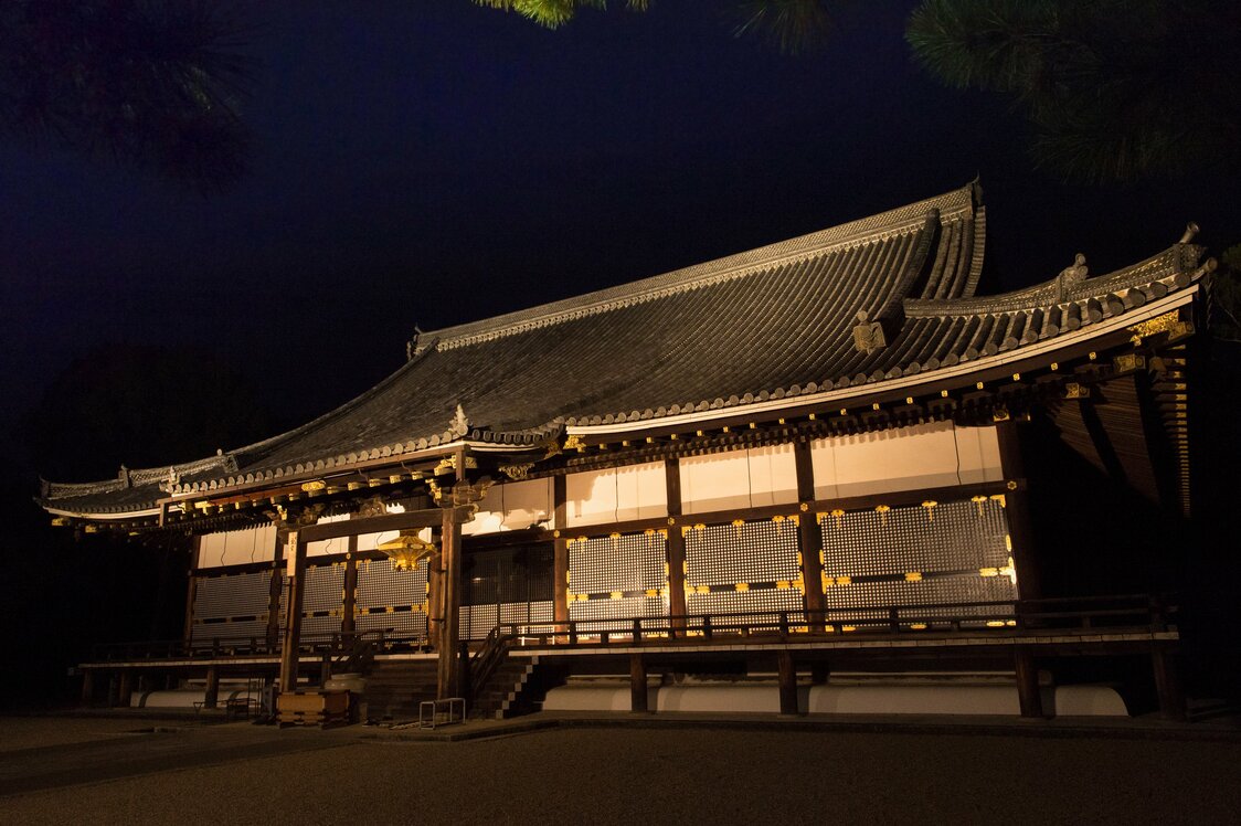 ライトアップされた夜の金堂を間近に眺めるというぜいたくな体験