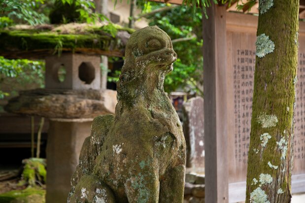 A guardian lion-dog carved from Matsue’s renowned Kimachi tuffaceous sandstone.