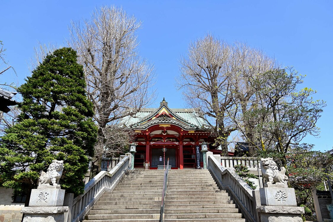 神社様式である権現造りの「待乳山聖天 本龍院」本堂。石段下のこま犬にも神社の面影を残す。駐車場と本堂の約20メートルを結ぶ「さくらレール」は、日本一短いモノレールとして有名だ