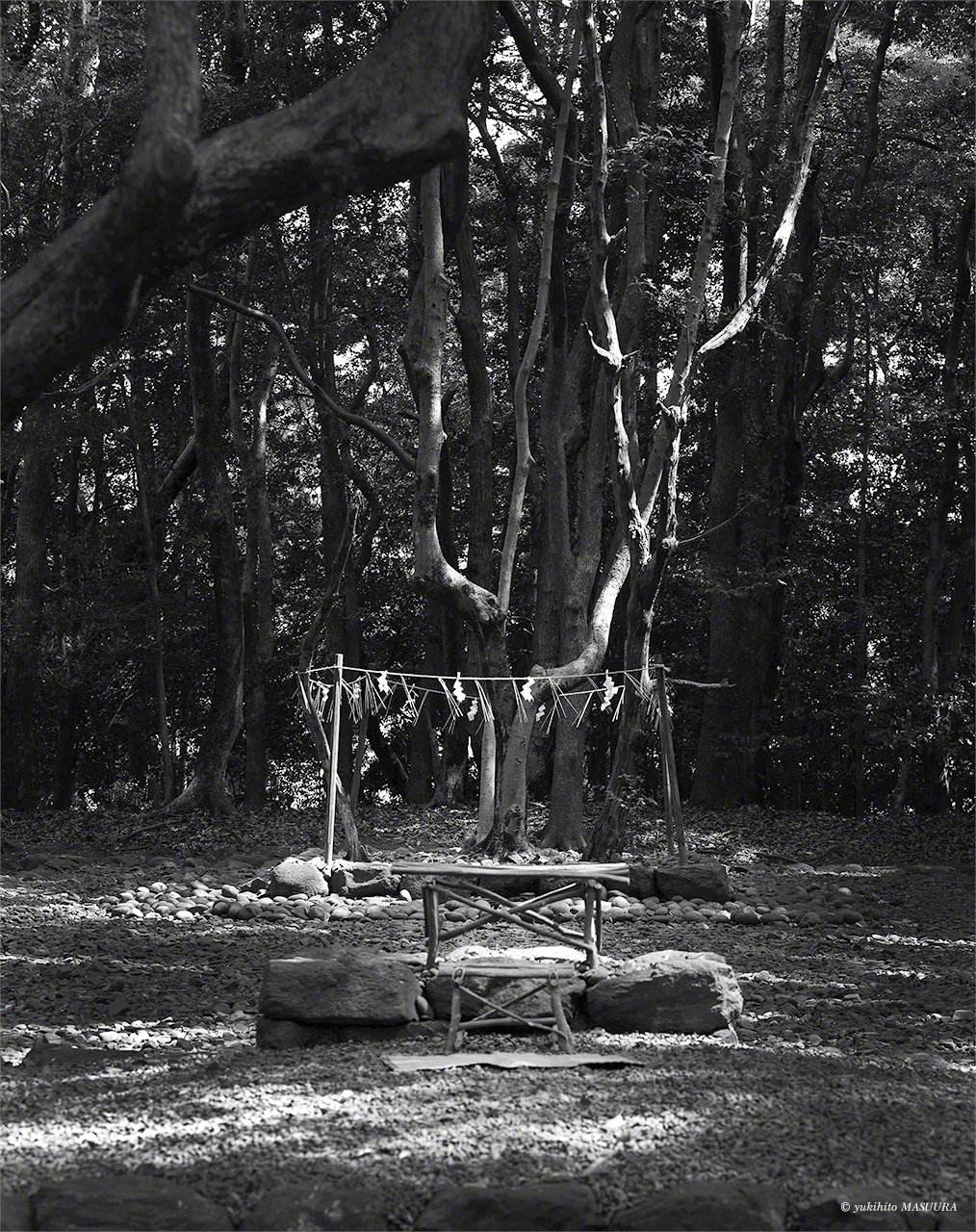 Le site de la cérémonie Takamiya, à l’arrière des vastes terrains de Hetsu-miya. Ce site en plein air, censé être le lieu où la divinité Ichikishima-hime aurait illuminé la Terre, est l’incarnation parfaite du très ancien culte indigène du Japon.