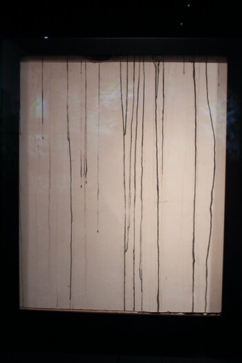 A section of plaster wall bearing the traces of black rain. (Courtesy of the Hiroshima Peace Memorial Museum)