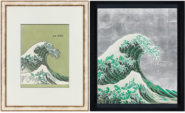 左：「LA MER」オーケストラスコア 初版表紙 浮世絵木版画　右：「LA MER （VAGUES VERTES JADE / 翡翠の波）」はプラチナ箔（はく）を用いた肉筆画で132万円（版三提供）