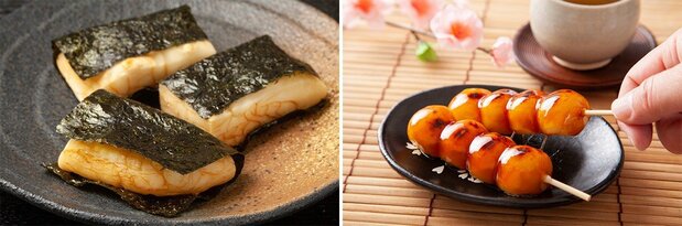 Isobe mochi (© Pixta) et mitarashi dango (PhotoAC)