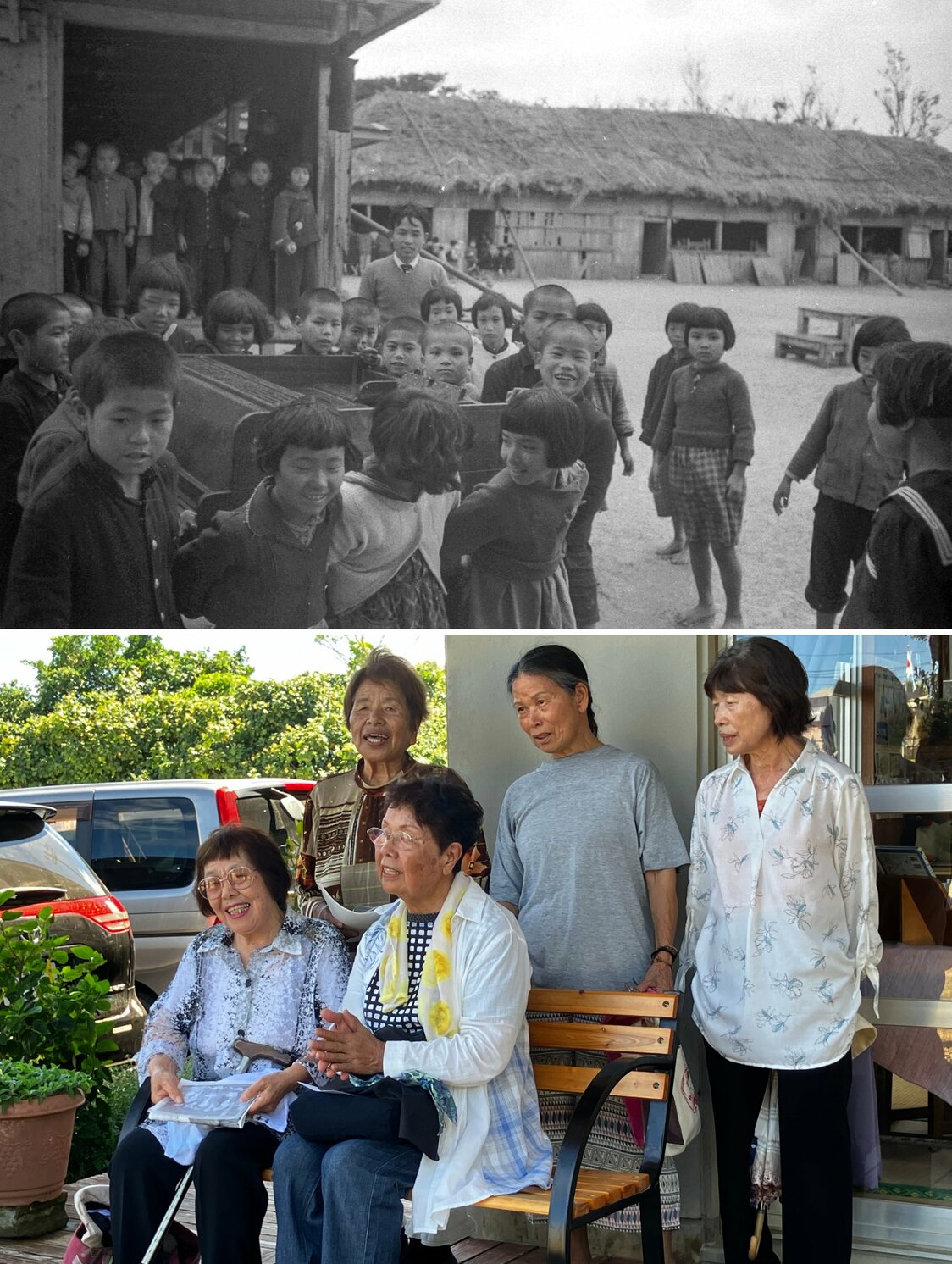 正在往新校舍搬运风琴的国头小学学生们。后来他们在母校畅谈往事（摄影：芳贺日向）