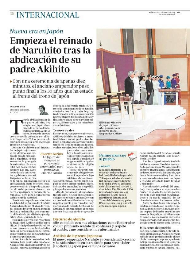 天皇陛下の退位などを大きく伝えるスペインABC紙5月1日の紙面