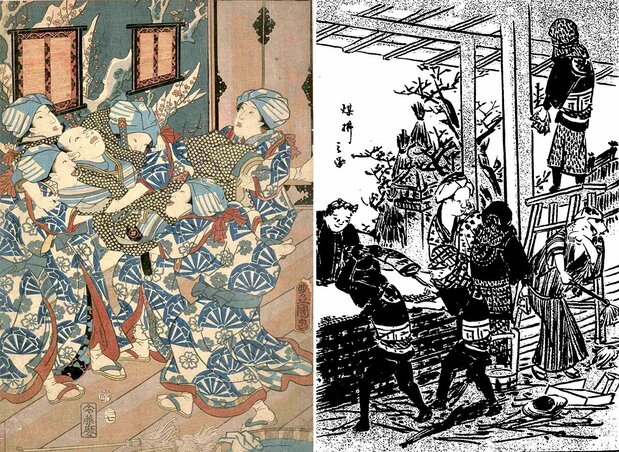 (左)扫灰结束后,人们把伙伴高高举起,欢腾庆贺(《源氏十二个月之师走》,东京都立中央图书馆特别文库室藏);(右)扫灰是重体力劳动,乍一看简直像拆房子(《绘本风俗往来》,国立国会图书馆藏)