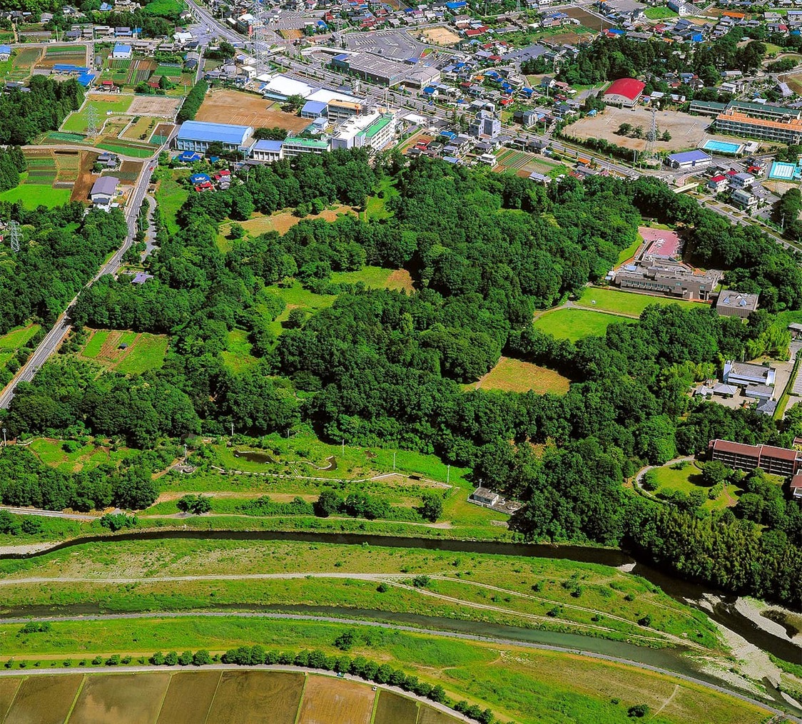 上空から見た菅谷館跡（同）＝「嵐山史跡の博物館」提供