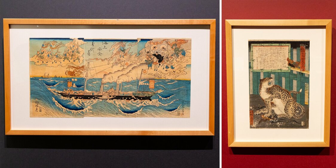 ポップカルチャーに多大な影響を与えた鬼才・河鍋暁斎の作品も展示。左は『海上安全万代寿』（1863年）、右は『今昔未見　生物猛虎之真図』（1860年）　国立歴史民俗博物館蔵