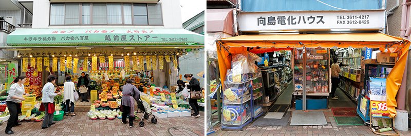 「越前屋ストアー」（左）。「向島電化ハウス」（右）。
