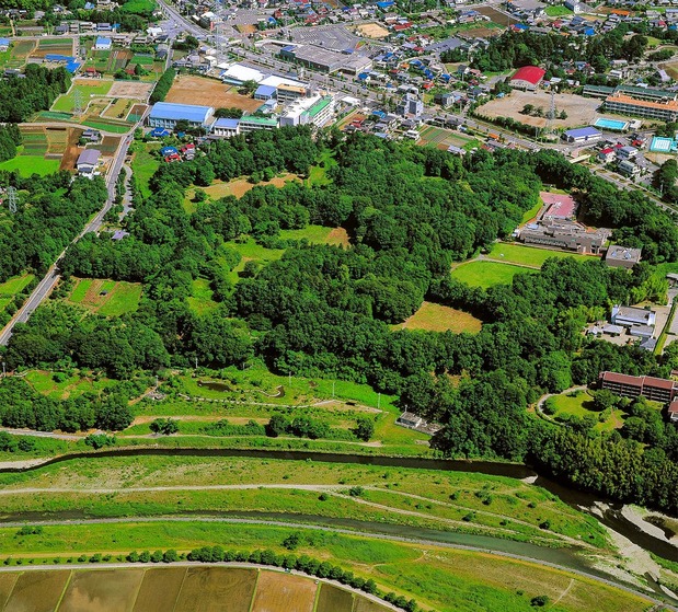 上空から見た菅谷館跡(同)=「嵐山史跡の博物館」提供