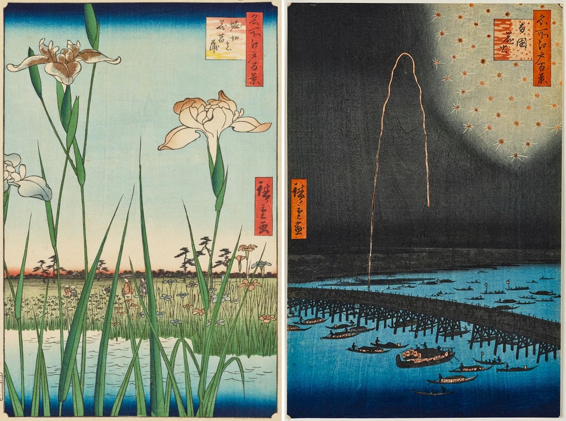 Izquierda: Los lirios de Horikiri. Derecha: Fuegos artificiales en Ryōgoku. Ambas de la serie Cien famosas vistas de Edo. Imagen de ColBase.