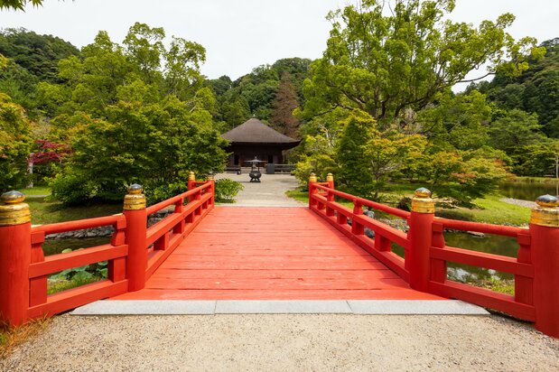 池水上的小桥设计，承载着从凡尘俗世踏入极乐净土的宗教象征