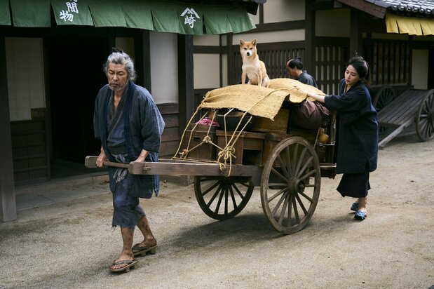 北斎は生涯に93回引っ越したという逸話が。大八車に乗るのは愛犬のさくら ©2025「おーい、応為」製作委員会