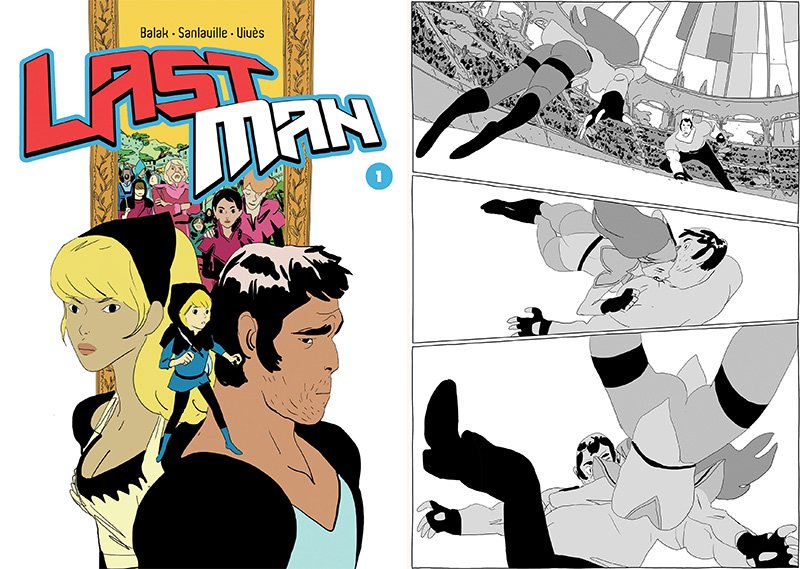 （左）『ラストマン』第1巻のカバー。判型もフランスのBDに一般的な大判のアルバムではなく、日本のマンガの単行本に近いA5サイズ。（右）『ラストマン』より。一瞬の動きをいくつものコマで表現するのは、日本のマンガの特徴で、従来のBDにはあまり見られなかった手法。　« Lastman » © Casterman 2013 Balak / Sanlaville / Vivès