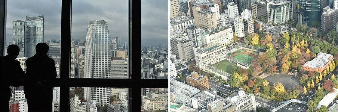 Vista de rascacielos desde la cubierta principal. El paisaje debajo de la torre parece una miniatura de jardín. © nippon.com.