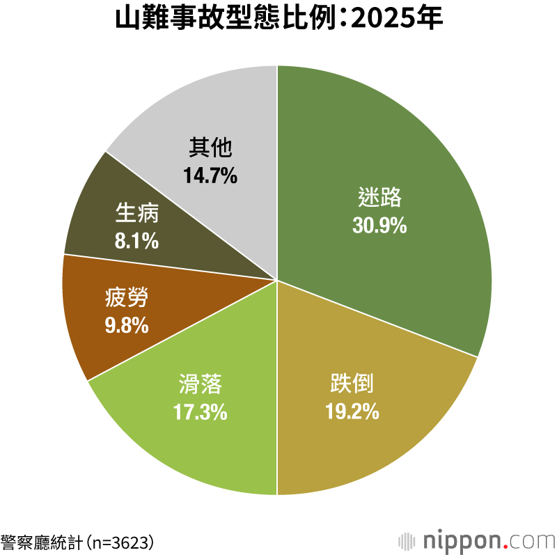 山難事故型態比例：2025年