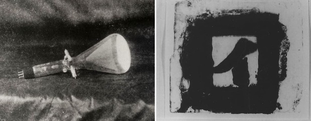 高柳が開発した世界初のテレビ用ブラウン管（左、画面直径約13センチ、走査線の数は40本）と、受像実験で被写体とした「イ」の字が書かれた雲母版（高柳健次郎財団提供）